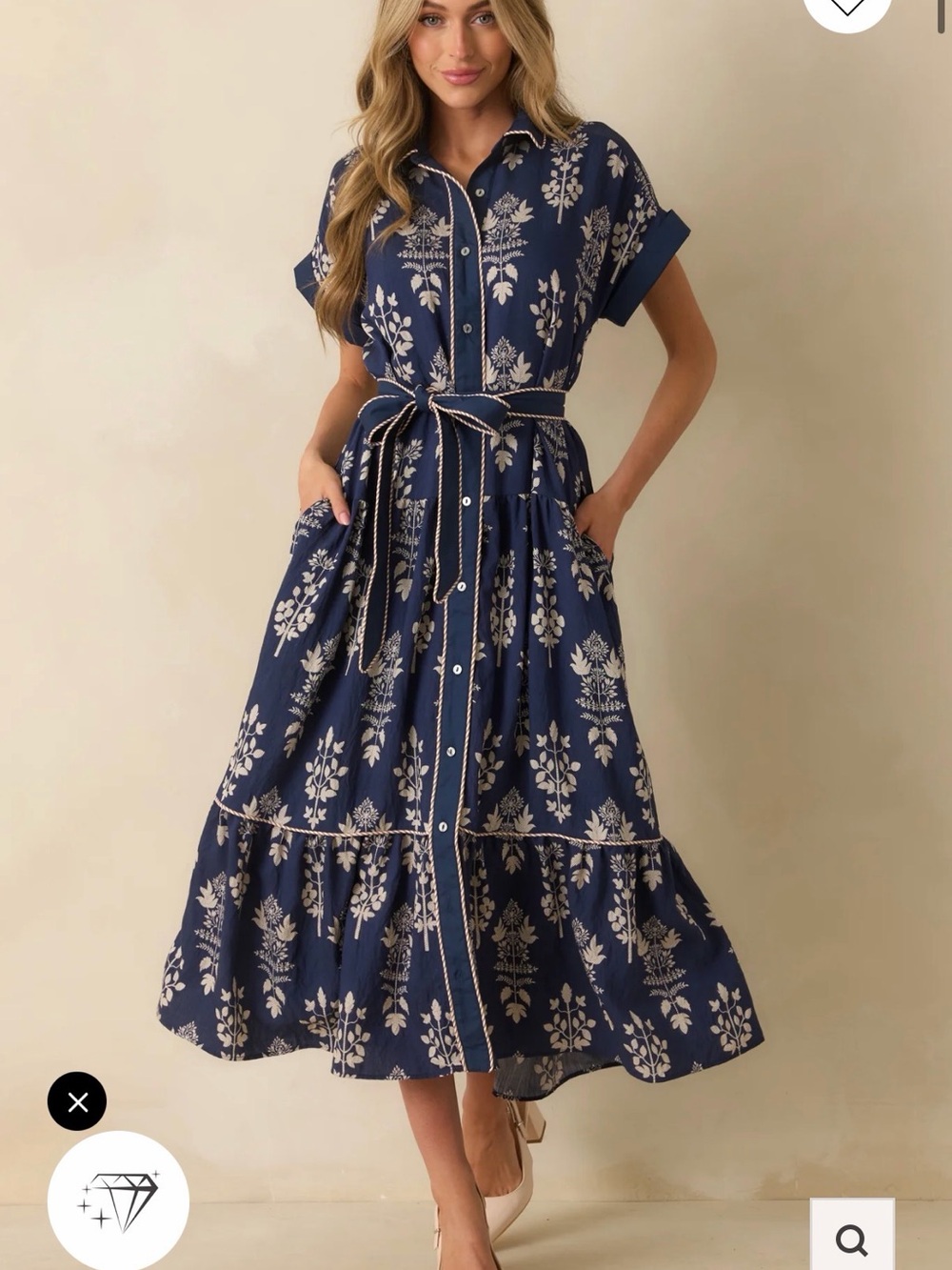 Entry Navy and Cream Floral Button-Front Maxi Dress with Tie Waist